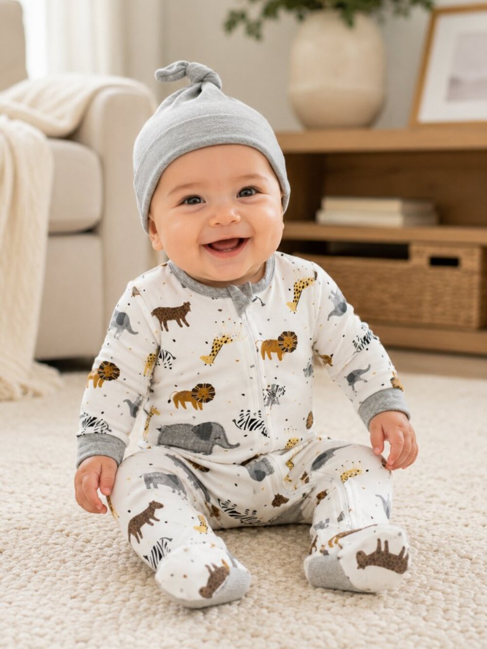 NWT Baby Essentials 2 Piece Safari Animal Footed Sleeper & Knotted Hat Set